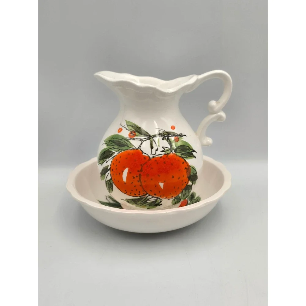 Counterpoint‎ syrup Pitcher drip Bowl Set japan Excellent Hand Painted Oranges,